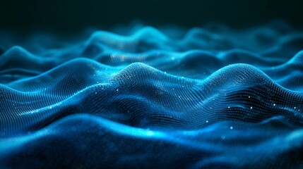 Canvas Print - Abstract digital landscape of glowing blue particle waves, representing data flow and network connectivity in a technology concept.