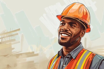 Wall Mural - portrait of a smiling construction worker in hard hat and high visibility vest concept illustration