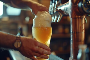 Sticker - Closeup of a bartender's hand pouring a foamy beer from a tap into a glass