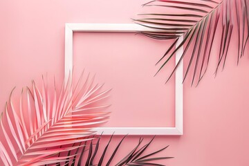 Wall Mural - serene pink palm leaf with white frame on pastel background natural minimalist concept illustration