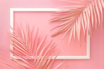 Sticker - serene pink palm leaf with white frame on pastel background natural minimalist concept illustration