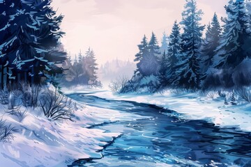 Wall Mural - serene winter wonderland frozen river winding through snowcovered forest digital painting