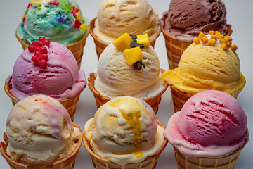 ice cream and chocolate, Variety of ice cream cones. Indulge your sweet tooth with this colorful assortment of ice cream cones