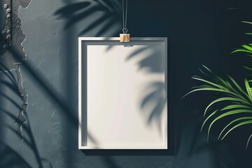 Wall Mural - A simple picture frame hanging on a wall next to a green plant. Ideal for interior design or home decor concepts