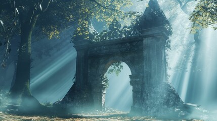 Wall Mural - Ancient stone archway in a misty forest with sun rays.