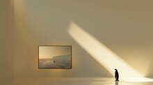 Penguin Observing Artwork In Minimalist Art Gallery