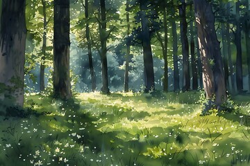 Poster - Peaceful Watercolor Forest Scene with Sunlit Trees and Wildflowers