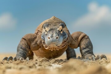 Wall Mural - striking low angle shot of a komodo dragon against a sandy background wildlife photography