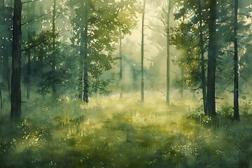 Aufkleber - Peaceful Watercolor Forest Scene with Sunlit Trees and Wildflowers