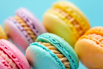 Poster - Closeup of vibrant macarons artfully arranged against a soft blue backdrop, highlighting their delicate textures