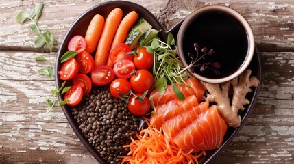 Poster - A heart-shaped platter of acai, lentils, soy sauce, ginger, salmon, carrots, and tomatoes represents a heart-healthy diet for the circulatory system