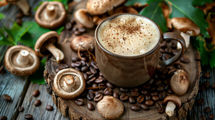 Wall Mural - A cup of mushroom coffee on the table, surrounded by mushrooms and coffee beans