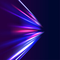 Fototapete - Blurred car light motion effect, city road background with long exposure night lights with dynamic flashlight. Abstract background in blue and purple neon glow colors. 