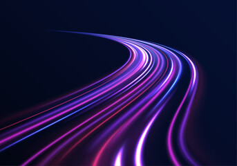 Fototapete - Blurred car light motion effect, city road background with long exposure night lights with dynamic flashlight. Abstract background in blue and purple neon glow colors. 