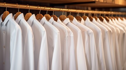 Wall Mural - White men shirts hanging on rack in a row.