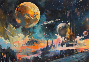 Wall Mural - An imaginative painting depicting humans exploring outer space, settling on distant planets, and constructing space stations with advanced spacefaring technology.