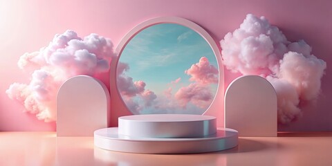 Wall Mural - Minimalist abstract background with podium, arch and clouds. 3d render. AI generated