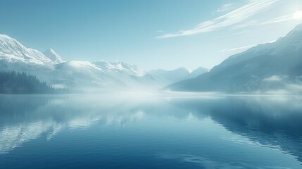Wall Mural - snowy mountains reflecting in a calm lake under a clear blue sky.