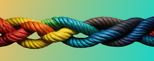  Team rope diverse strength connect partnership together teamwork unity communicate support. Strong diverse network rope team concept integrate braid color background cooperation empower power.