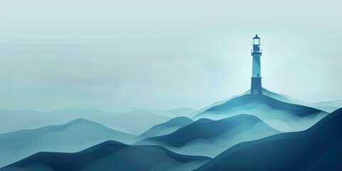 The image is a beautiful landscape of a lighthouse on a hill. The lighthouse is surrounded by mountains and the sky is foggy. The image is very peaceful and serene.