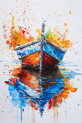 Poster - Vibrant Watercolor Painting of a Boat with Colorful Splashes