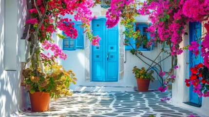 Wall Mural - Authentic traditional Greece. Mykonos island. Charming colorful floral streets of old Chora village. Cyclades 