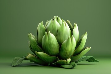 A detailed close up of a green artichoke on a green background. Perfect for food and healthy lifestyle themes