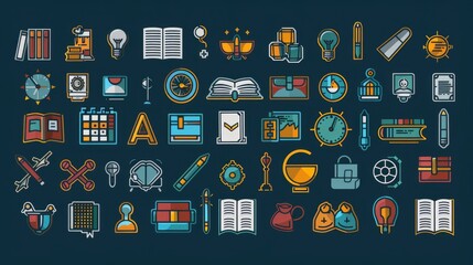 Poster - a variety of vibrant colored icons on a dark black background. perfect for graphic design projects o