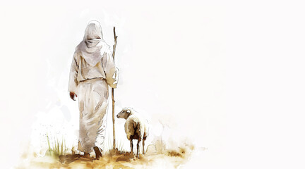 Wall Mural - Shepherd Jesus Christ Taking Care of One Missing Lamb Watercolor Illustration Banner