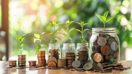 A clear glass jar filled with coins, sitting on a windowsill with a green plant growing out of it.