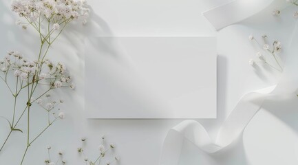 Wall Mural - A5 blank card mockup, light background with flowers and ribbon on the side, wedding atmosphere, minimalist aesthetic, elegant