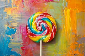 Poster - Vibrant rainbow swirl lollipop on a multicolored acrylic painting backdrop