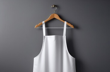 A white apron on a hanger hangs on a gray wall