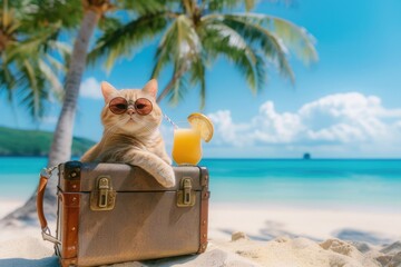 Wall Mural - Funny cat tourist in sunglasses standing with suitcase going on summer holiday trip