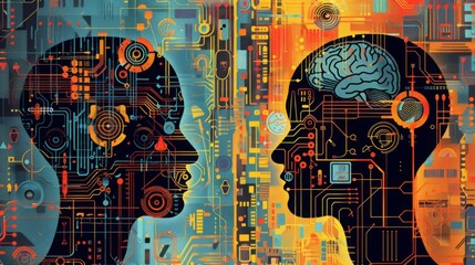 Poster - Two individuals with visible heads are pictured against a backdrop of intricate electronic circuits.