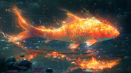 Wall Mural - A vibrant digital illustration of a large golden fish swimming in a mystical pond at night, surrounded by glowing lights and reflections.