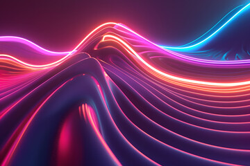 Wall Mural - Technology background. Blue, orange and pink lines create wave on dark background, simulating the movement of massive data stream. 
