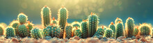 A Cluster Of Vibrant Green Cacti Stands Against A Blurred Bokeh Background In Natural Sunlight.
