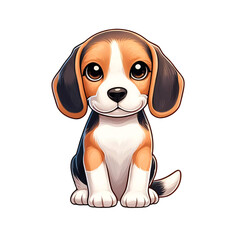 Wall Mural - A young beagle in a cartoon style, sitting down on a transparent background. The beagle is a tri-color coat with patches of black, white