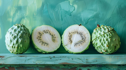 fresh custard apples, two whole and two sliced, revealing white flesh and black seeds, on a textured