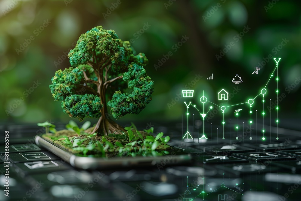 Small tree growing from digital tablet. Green digital symbols ...