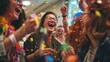 © Rodica - Joyful Celebration with Confetti and Smiles. Group of friends joyfully celebrating with colorful confetti and bright smiles, capturing the essence of happiness and fun