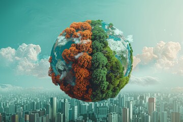 Floating globe covered in colorful foliage, split into two contrasting halves. One side features autumn colors,  Cityscape in the background emphasizes the blend of nature and urban life.