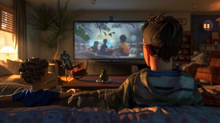 Wall Mural - A boy is watching a movie on the sofa in the living room with his parents.