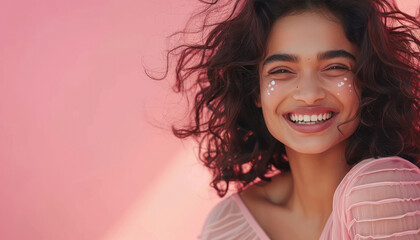 Wall Mural - Young beautiful indian woman smiling on pink background