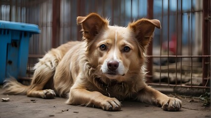 Wall Mural - A stray dog in a cage at an animal shelter. A dejected and ravenous dog, abandoned behind the antiquated and corroded cage of the animal shelter. Dog adoption, pet rescue, and assistance