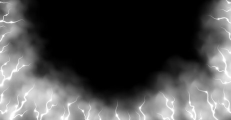 White smoke with lightnings abstract background, thunderbolts and vapor, lightning in fog. Neon haze with energy charges. Vector illustration.