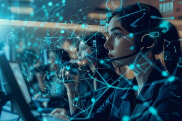 Poster - Female tech support agent with headset working amidst digital graphics