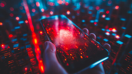 Poster - A hand holding a cell phone with a red fingerprint on the screen