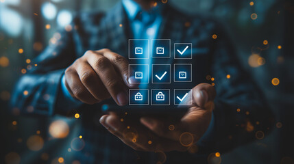 Poster - A man is holding a cell phone and pointing to a screen with a lot of check boxes